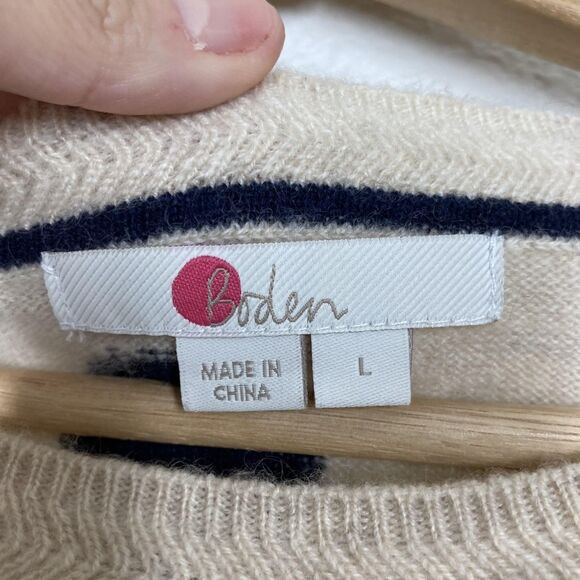 Boden Sweater Womens Large Beige Navy Polka Dot Cashmere Crewneck Knit Pullover - Picture 14 of 16